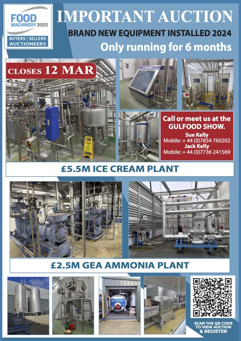 Food Machinery 2000 Limited - Due To The Reorganisation Of A Major UK Food Manufacturing Operation - Refrigeration/Gelato/Ice Cream Plant at Auction. Brand New Equipment Installed 2024. - Auction Image 1
